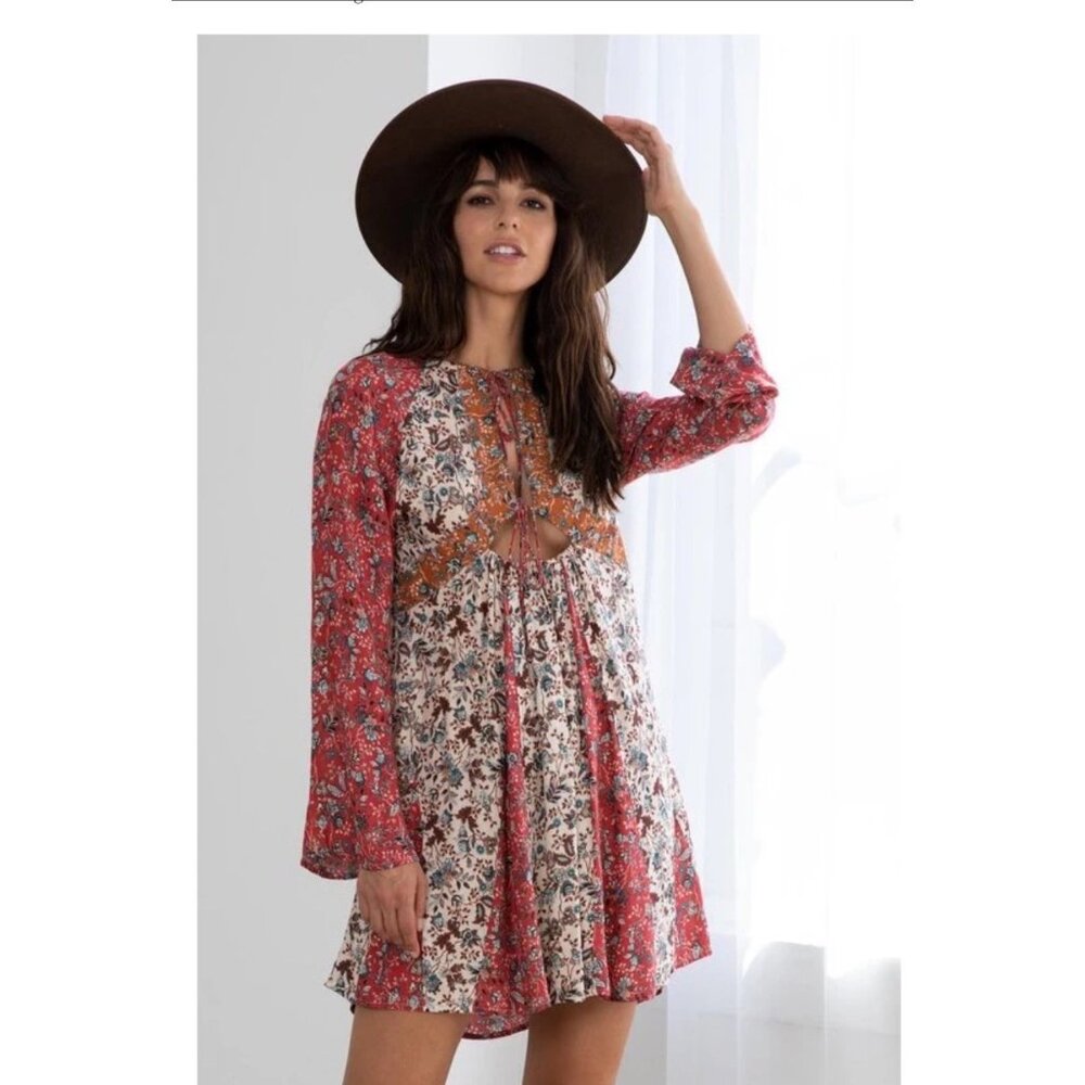 Lovestitch Womens Floral Boho Long Sleeve Tunic Dress With Tie Back & Multicolor